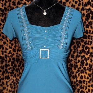 Blue Ruched & Embroidered Women's Top
